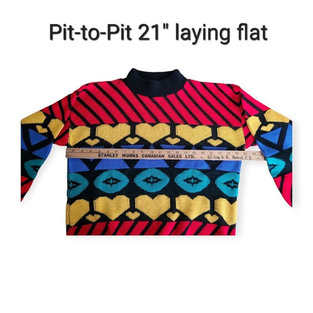 Vintage 90s Adele Knitwear Heart Geometric Statement Sweater Made USA Medium - Picture 5 of 8